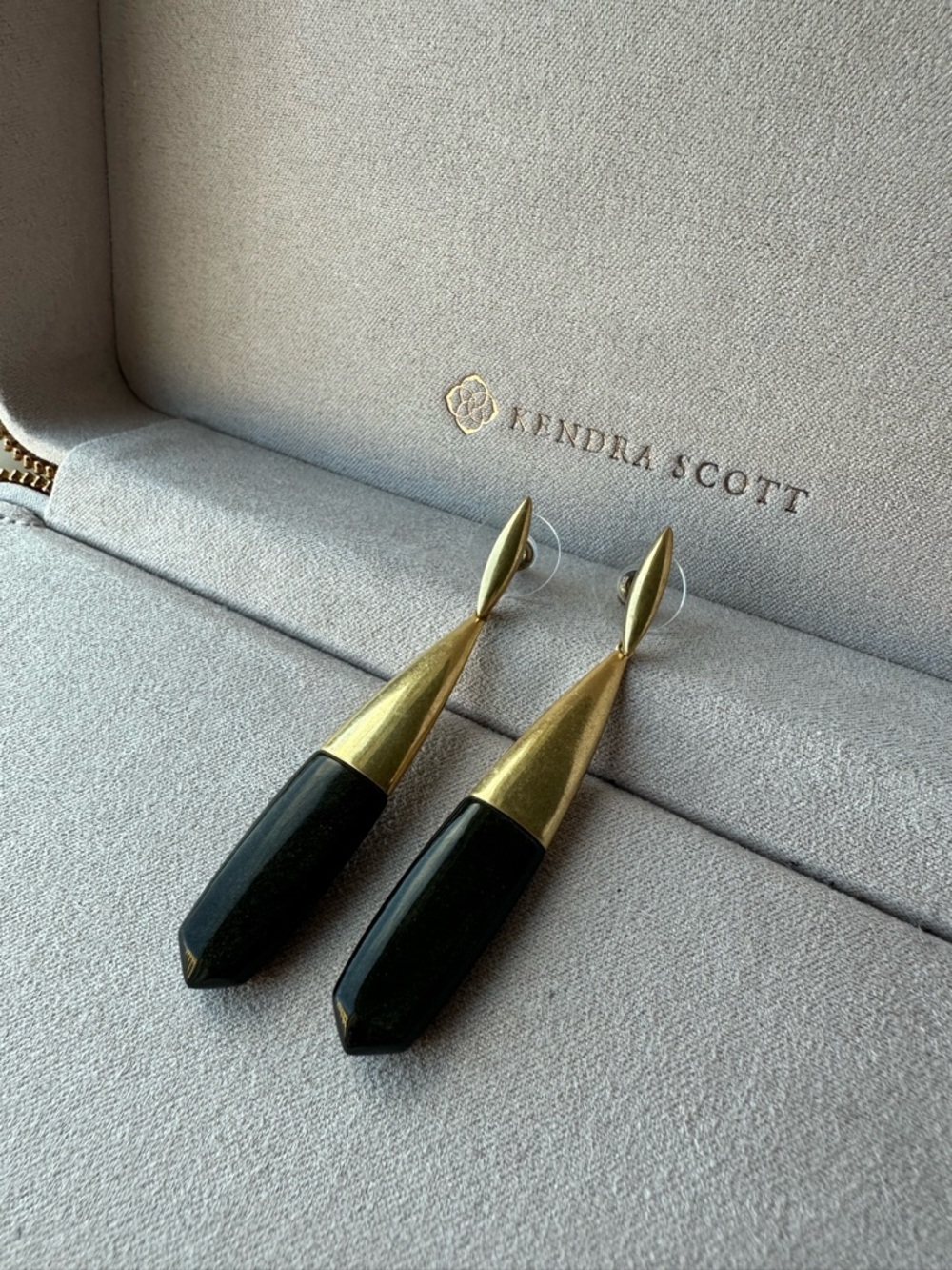 Kendra Scott Obsidian and Vintage Gold Drop Earrings